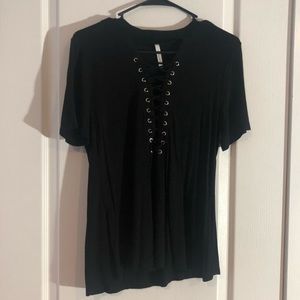 Black Deep V Front Lace-Up Tee